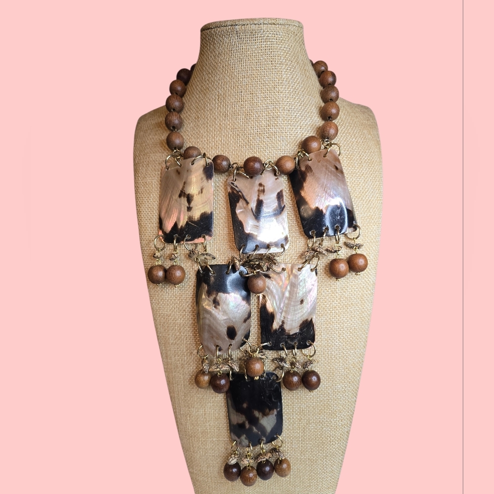Chico's Multi-Tiered Necklace Made Of  Abalone Shells And Wood Beads